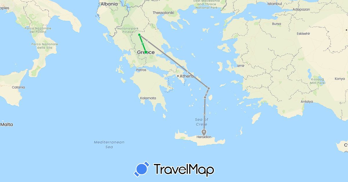 TravelMap itinerary: driving, bus, plane in Greece (Europe)